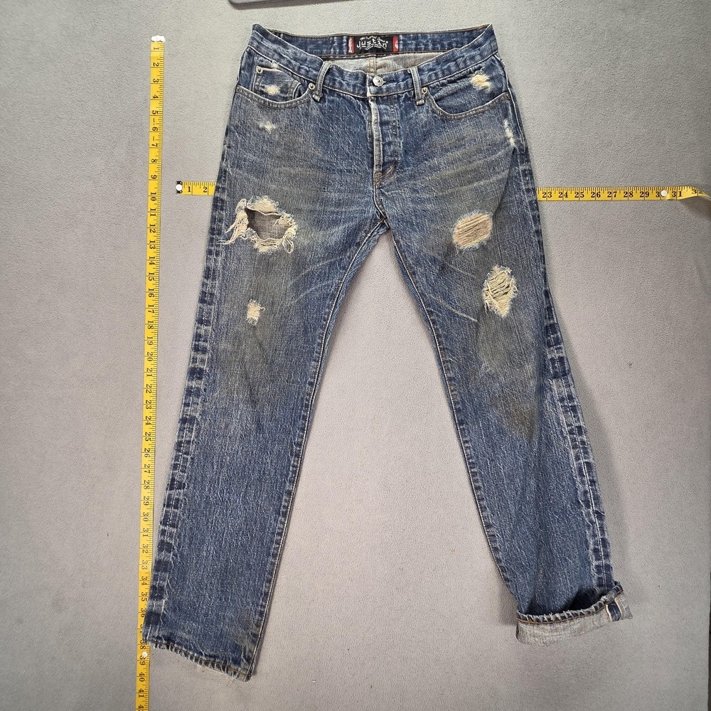 Justin Jeans Mens Selvedge Medium Wash Blue Regular Straight Thrashed Fits 28x29